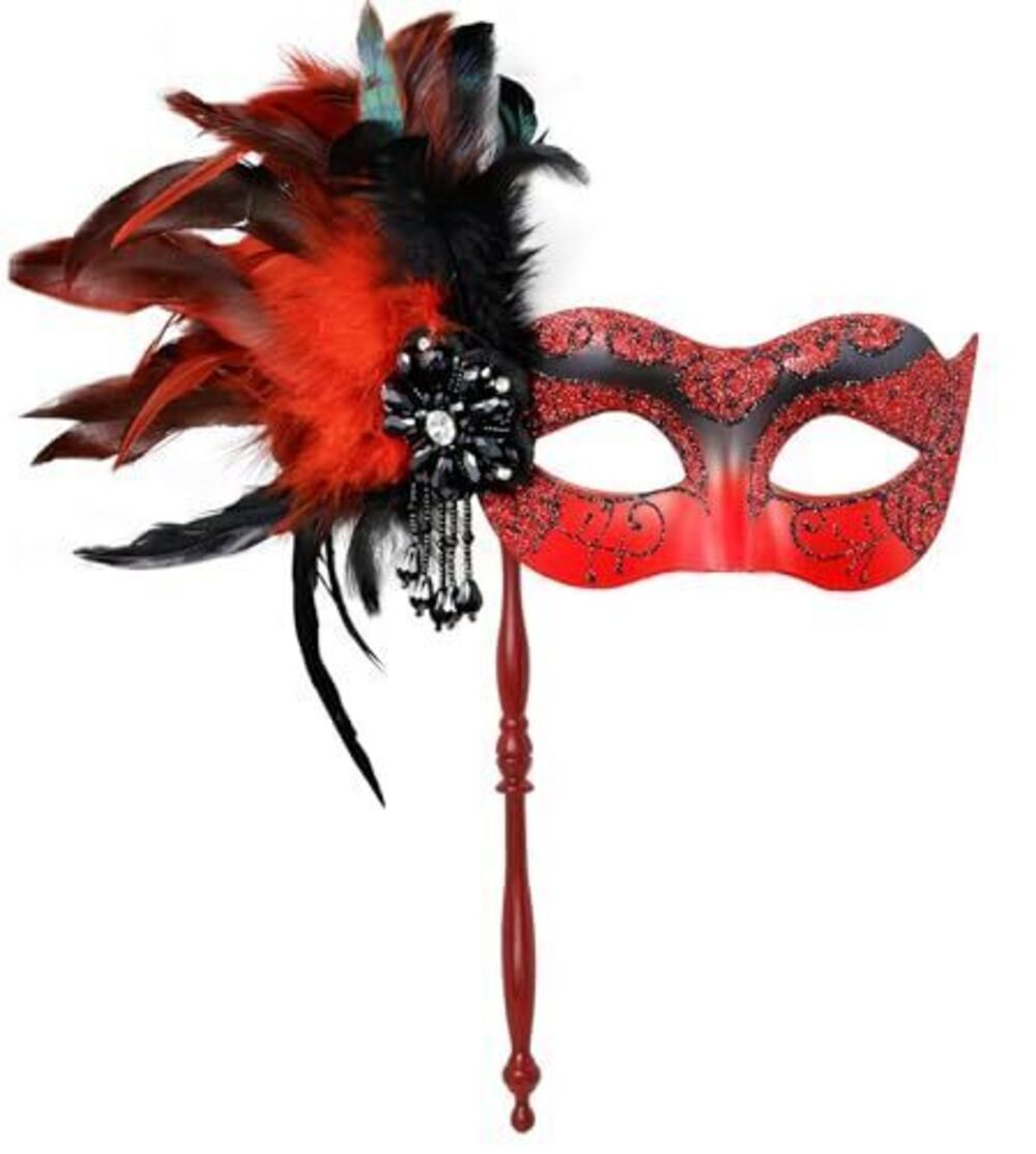 8172 2025 New Red Masquerade Mask with Holding Stick - Shiny Feather Red